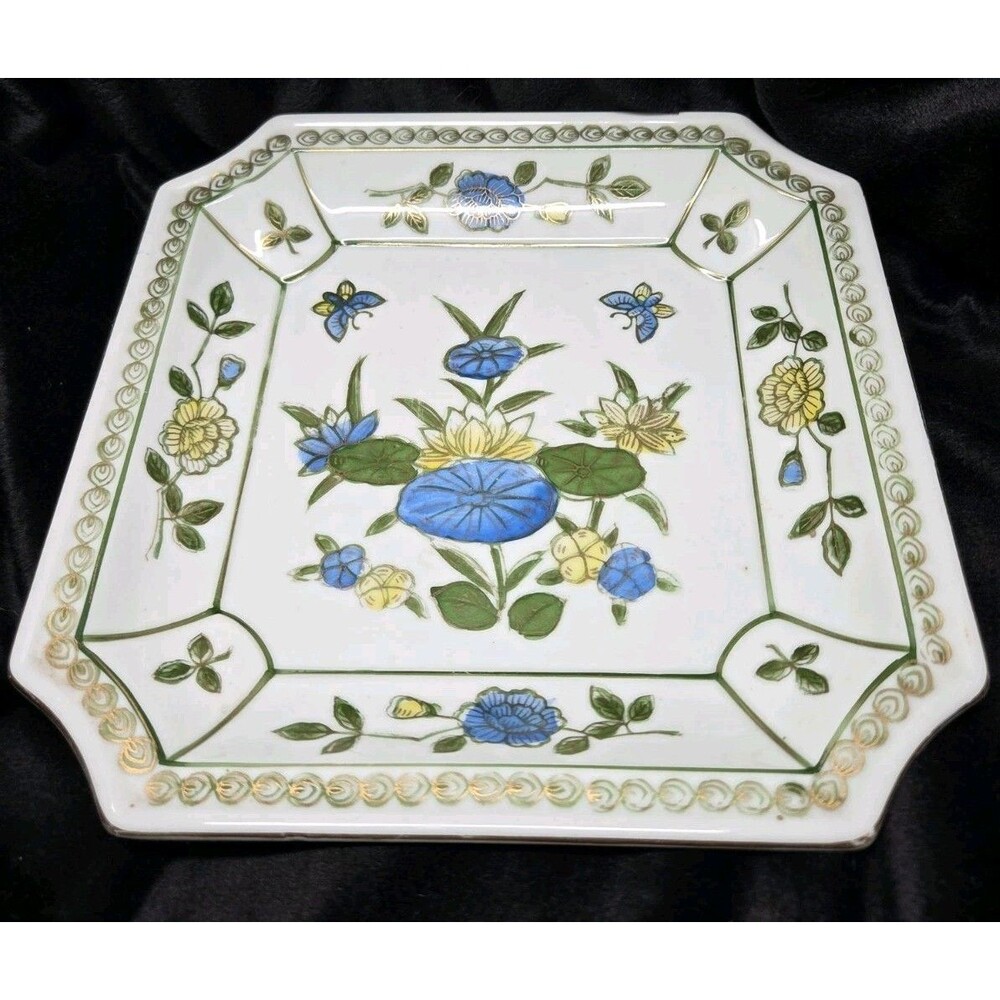 Vtg Andrea by Sadek Square Porcelain Plate Hand Painted Blue Lotus 9001 Japan